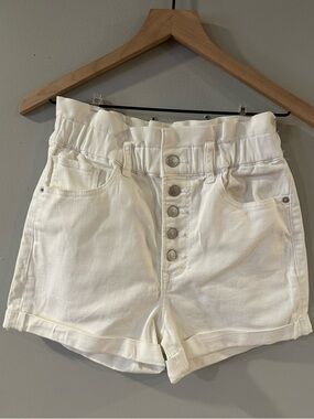 White High-Rise Button-Fly Paperbag Jean Shorts